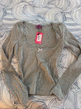Edikted Grey Lace-Trim Long Sleeve Tee
